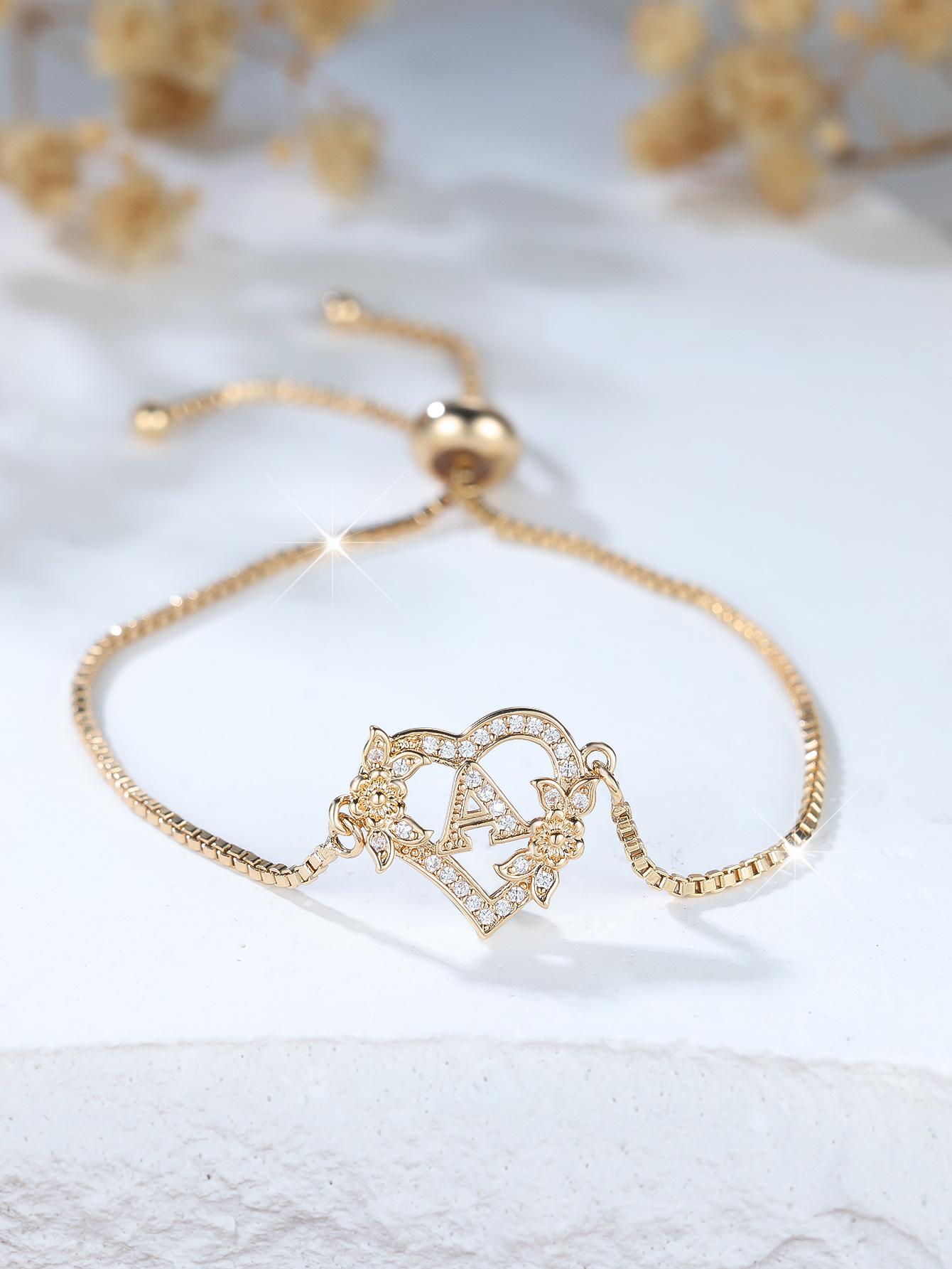 

Box chain gold and white diamond love flower letter leather bead bracelet adjustable simple atmospheric jewelry