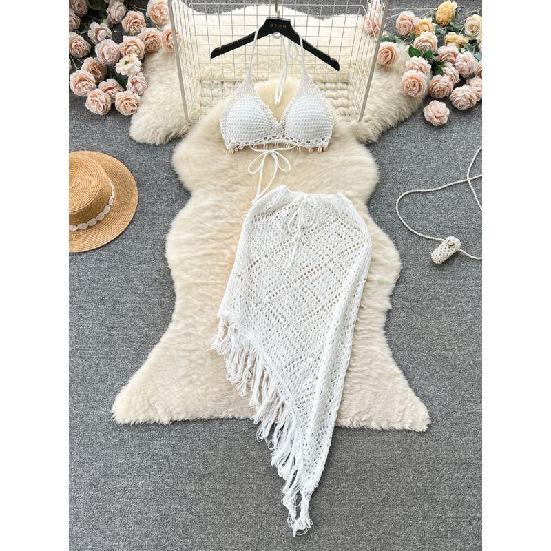 Hong Kong Style Vacation Style Suit Women's Stylish Bikini Halterneck Vest All-Matching Tassel Skirt Knitted Two-Piece