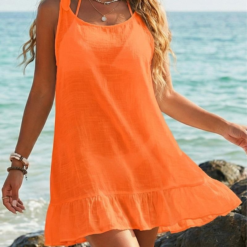 Fashion See Through Beach Cover Up Short Dress V Neck Backless Sexy Elegant Sheer Sleeveless Seaside Dresses Solid Color Lace-up Clothing