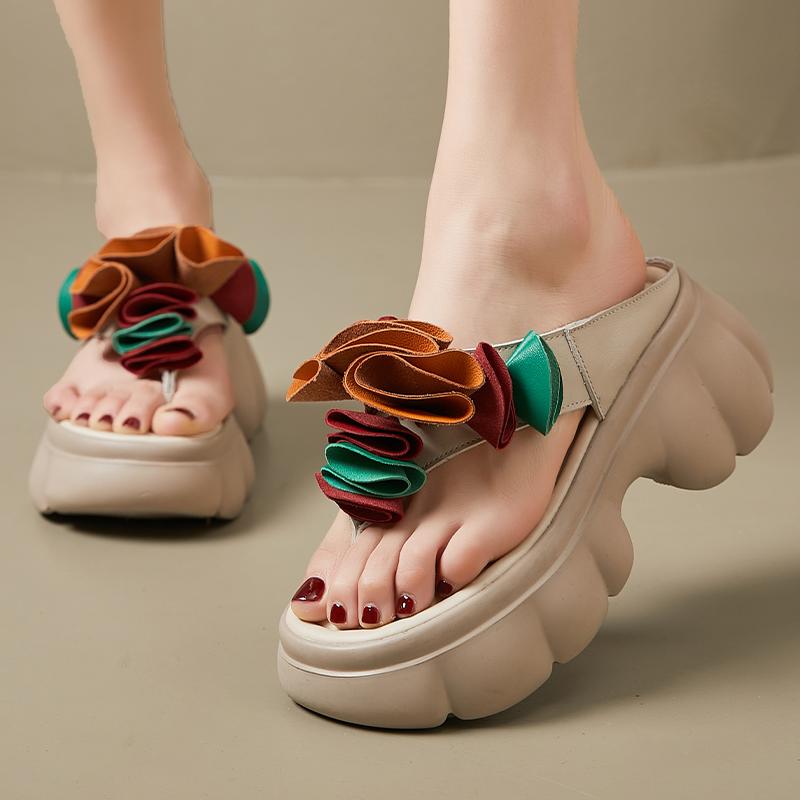 Fashion GKTINOO Genuine Leather Sandals Floral Women Slippers Summer Shoes Platform Outside Slides Thick Soles Leisure Ladies Slippers