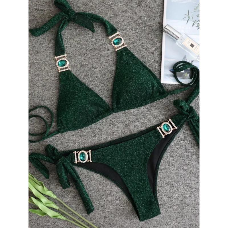 

2025 Блискуче стразове діамантове бікіні Жіночий купальник Жіночий купальний костюм Комплект бікіні з двох частин Халтер Металеві ланцюжки Купальний костюм L