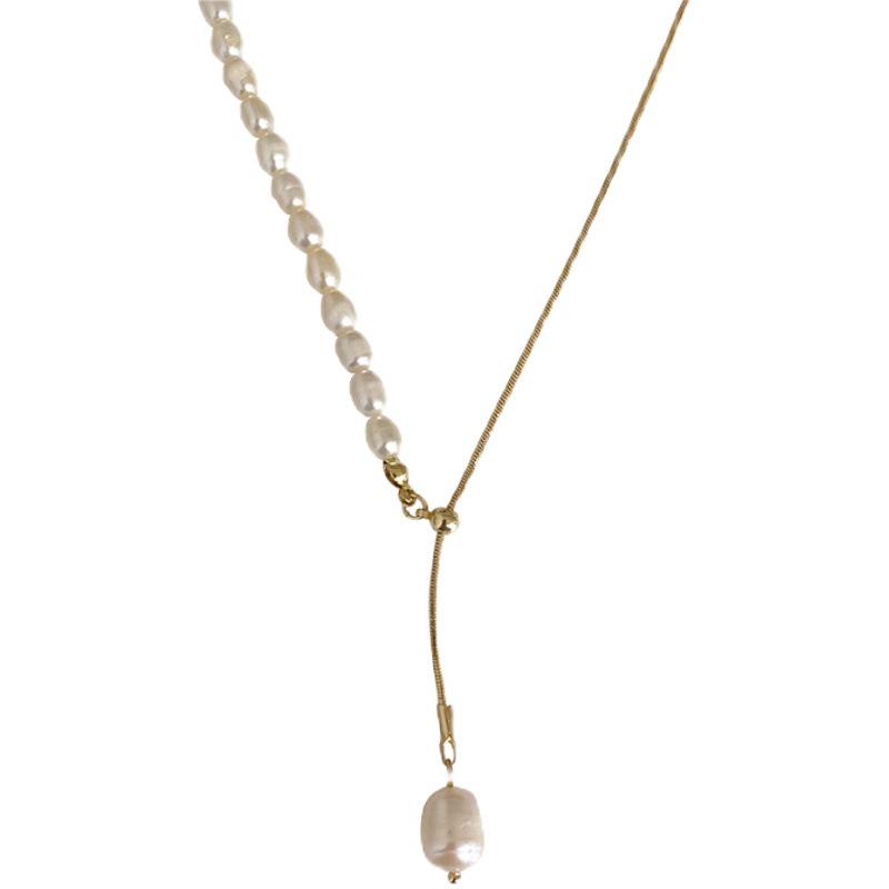 Women's Freshwater Pearl Y-Shaped Clavicle Necklace with Adjustable Sliding Buckle