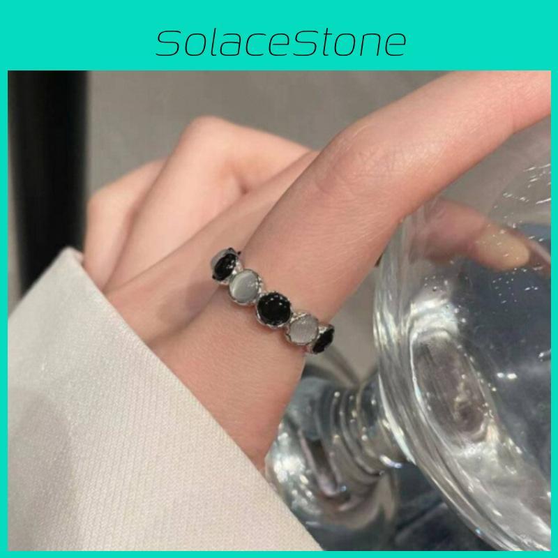 Chic Minimalist Open Finger Ring With Geometric Black And White Cat Eye Stone