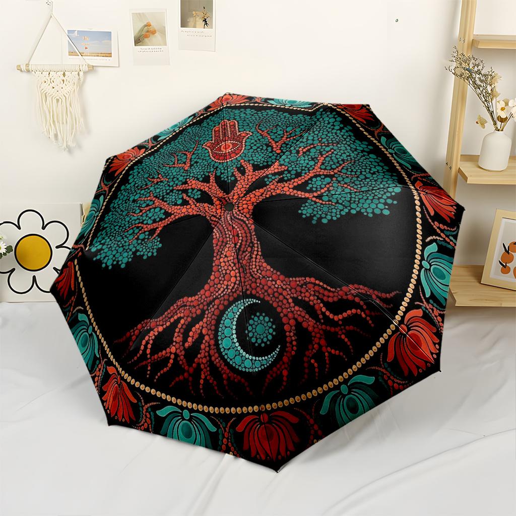 Heiliger Baum Mandala Automatischer Regenschirm Stabiler 8-Speichen-Schaft Robuste Konstruktion für Damen/Herren Modefans Geschenk für Festivals