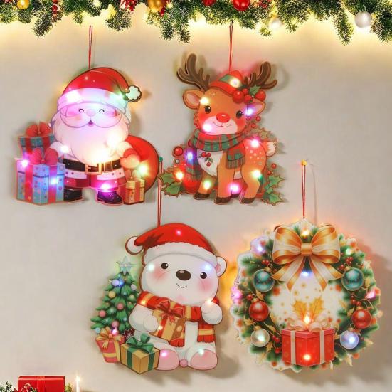 Glowing Santa Door Hanger LED Christmas Decor with Reindeer Snowman DIY Lighted Holiday Hanging Ornaments for Window Mantel Decorations