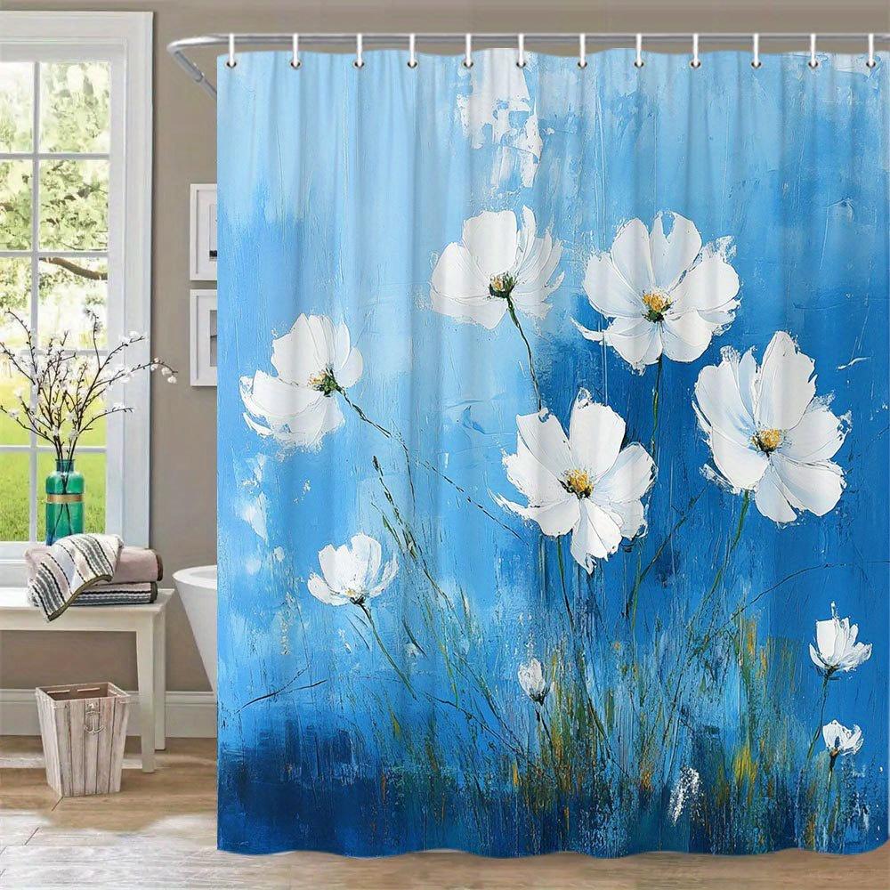 1pc White Poppies Shower Curtain Oil Painting Style - Textured Brushstrokes, Delicate Petals & Vivid Blue Sky Design 70x70 Inche