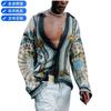 Men Casual Loose Printed Long Sleeve Turn Down Collar Shirt