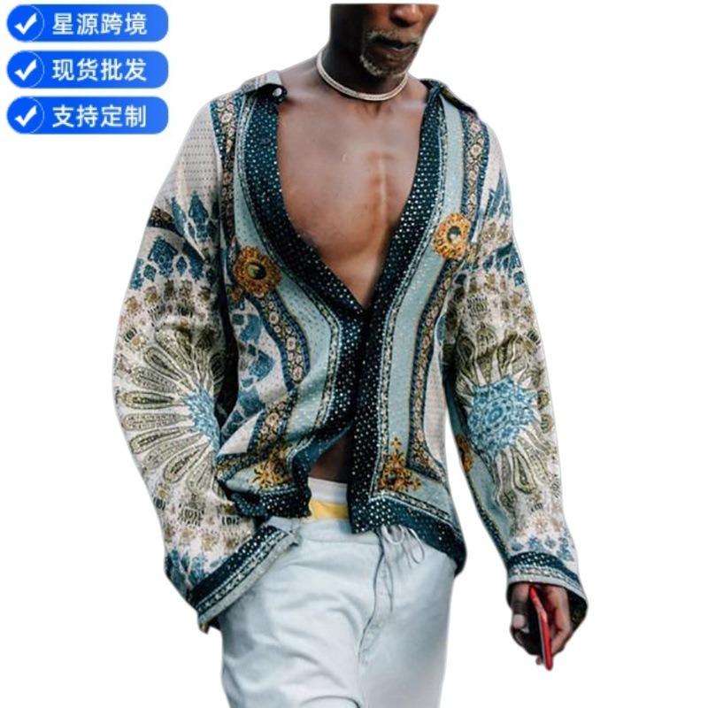 Men Casual Loose Printed Long Sleeve Turn Down Collar Shirt