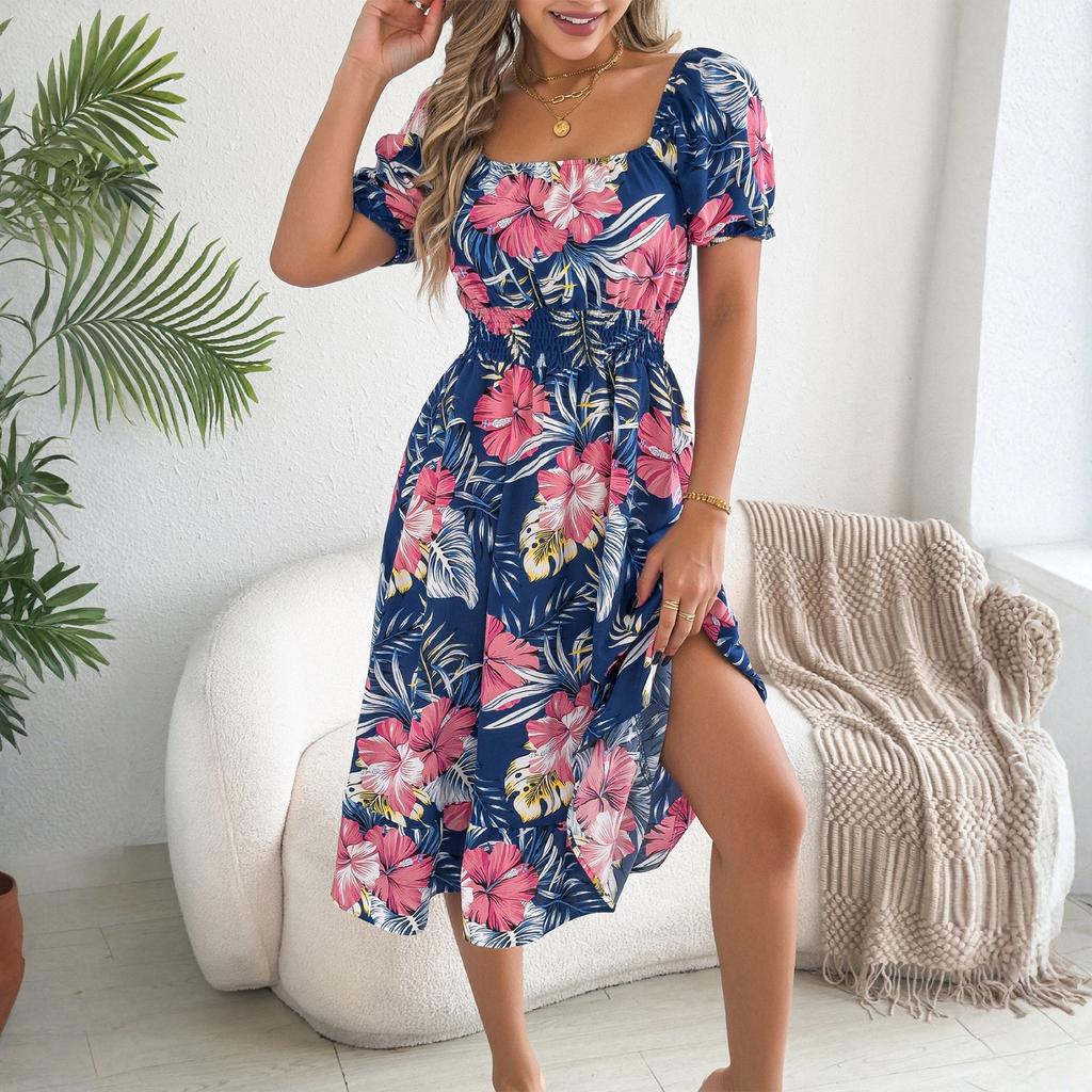 Women's Fashionable Floral Print Off Shoulder Short Sleeved Ruffle Edge Holiday Beach Loose Dress