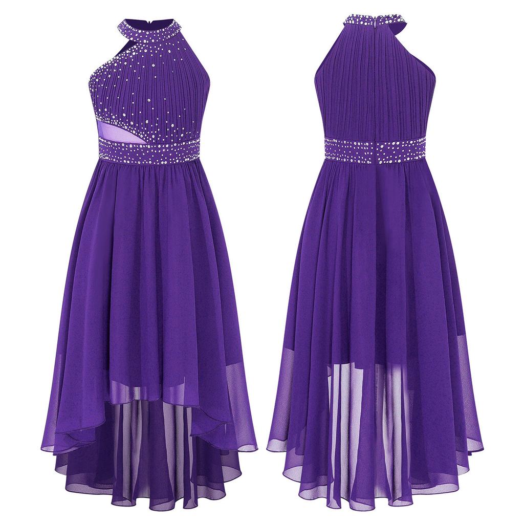 Kids Girls Shiny Rhinestone Party Dress Sleeveless Ruched Chiffon Dress High Waist Elegant Evening Formal Prom Dresses