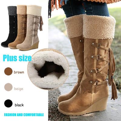 Womens New Fashion Winter Wedge Booties Women Suede Fur Boots Ladies Plus Size Knee High Snow Boots