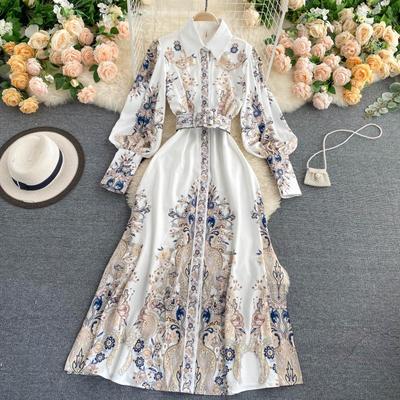 Autumn Spring Vintage Long Sleeve Print Floral High Waist Boho A-Line Party Maxi Dress Elegant Luxury Dresses Women