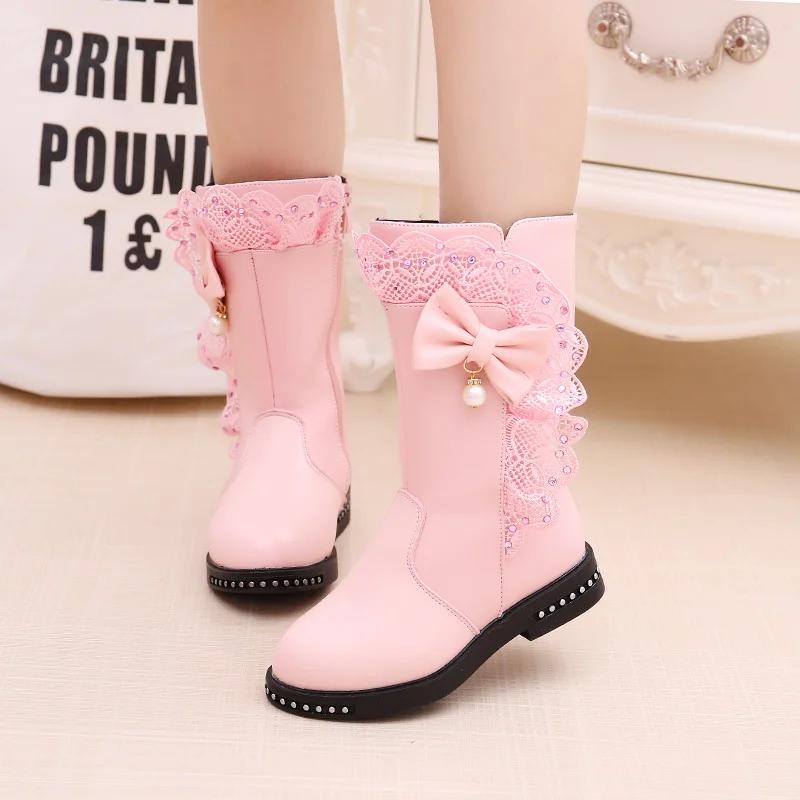 Baby Girls Comfortable Casual Plus Velvet Bow Beaded Lace Warm ZIP Autumn/winter Round Head Daily Kids Mid-calf Children's Boots