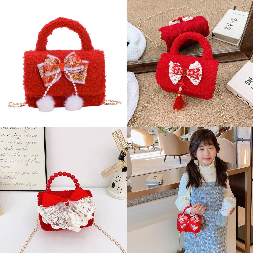 Festive Cute Red Girls Handbag With Butterfly Bow Tassels Perfect For Kids