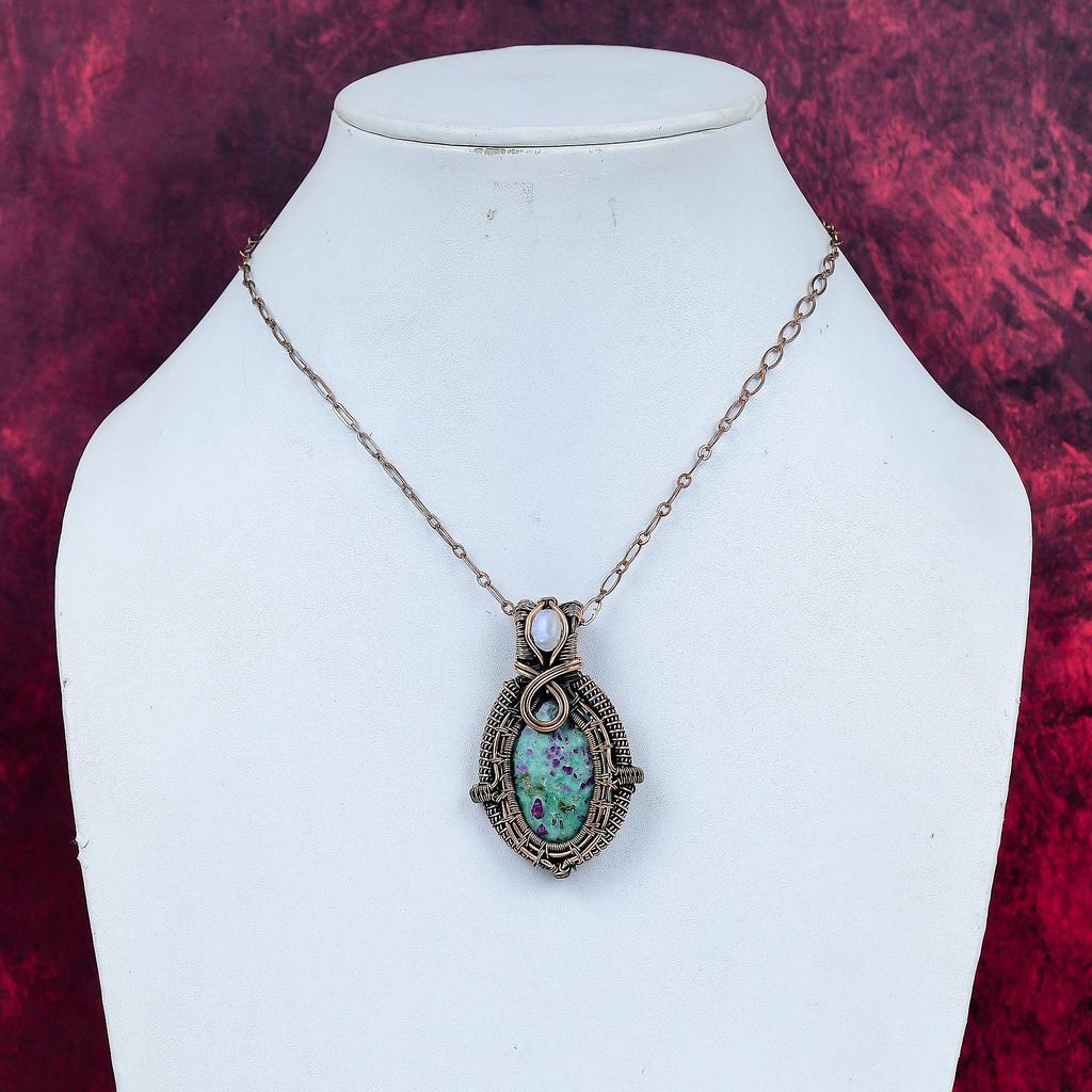 Ruby Fuchsite And Rainbow Moonstone Pendant Copper Wire Wrapped Gemstone Jewelry