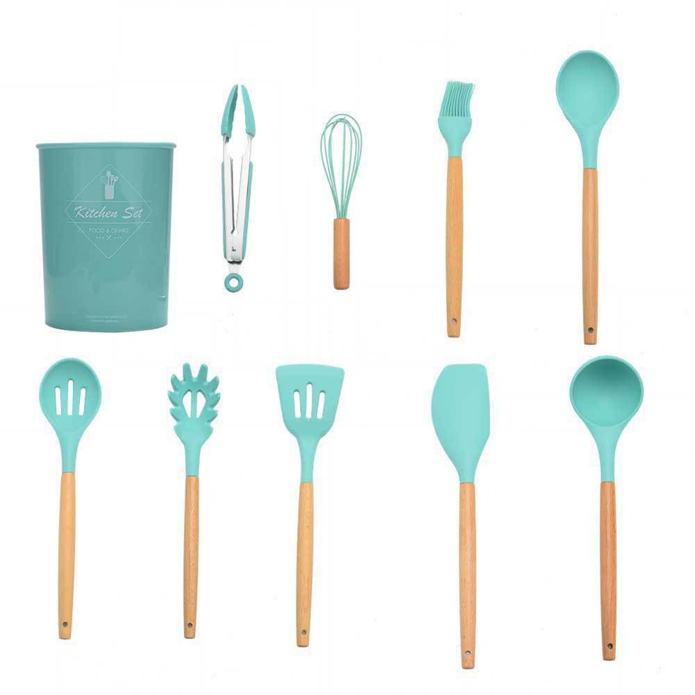 12pcs Green Silicone Kitchen Ware Shovel Spoon Kitchen Tool Spoon Storage Bucket Set