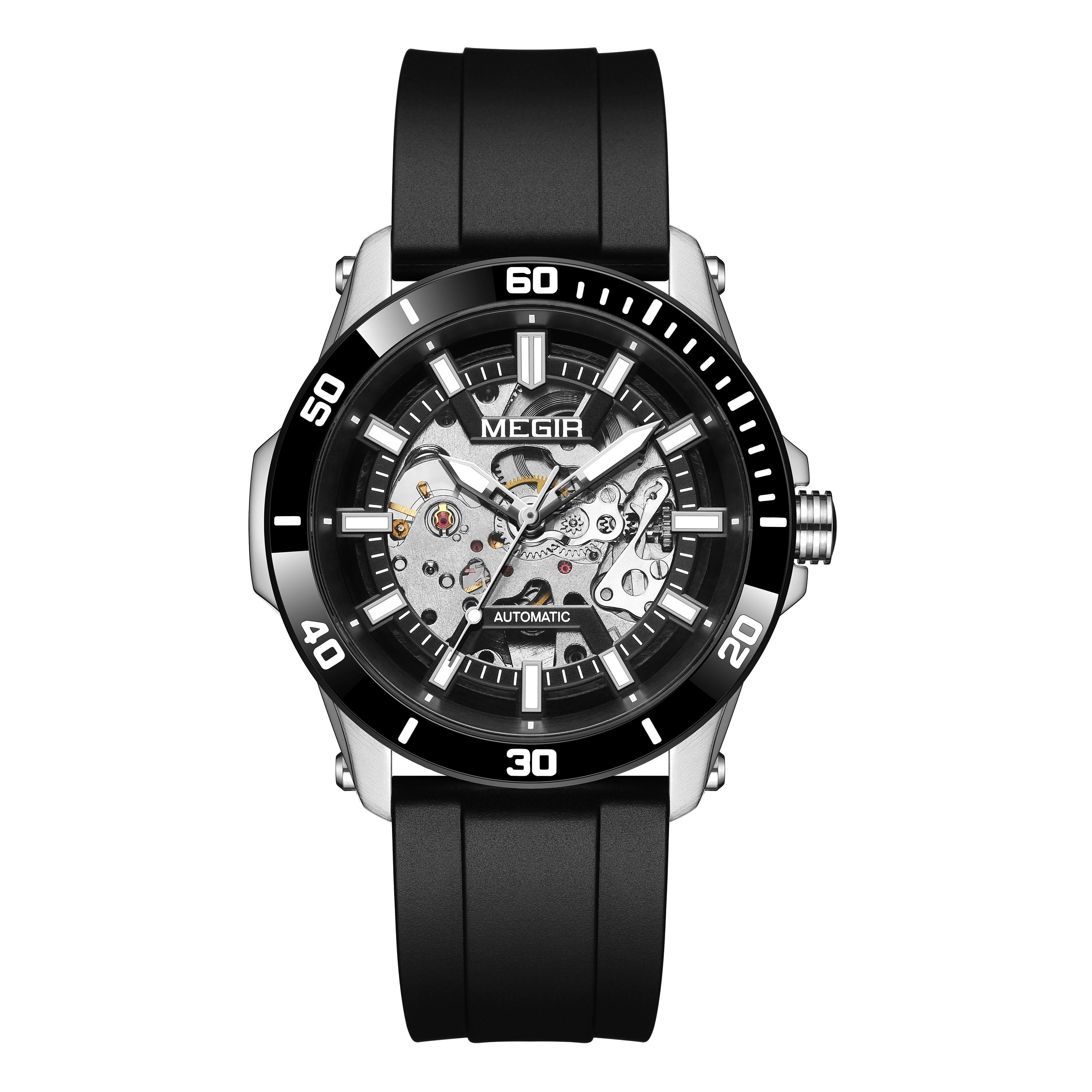 

MEGIR Fashion Skeleton Dial Mechanical Watches for Men Stainless Steel Case Sapphire Full Automatic Wristwatches 5ATM Waterproof Montre Homme 8605 чорний/срібний