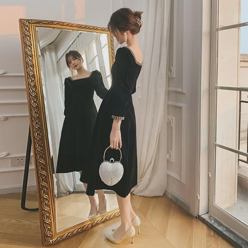 2022 Elegant Black Evening Dress for French Annual Meeting, Light Luxury Host Dress for Women