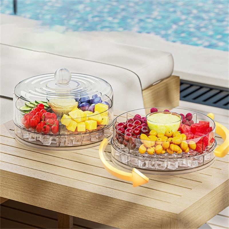 Clear 4 Section Rotating Cold Storage Tray for Parties Snacks Veggies Ideal for Outdoor Gatherings Barbecues Storage