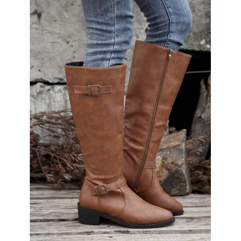 Large size women's winter new women's leather boots side zipper high boots high heel belt buckle knight boots