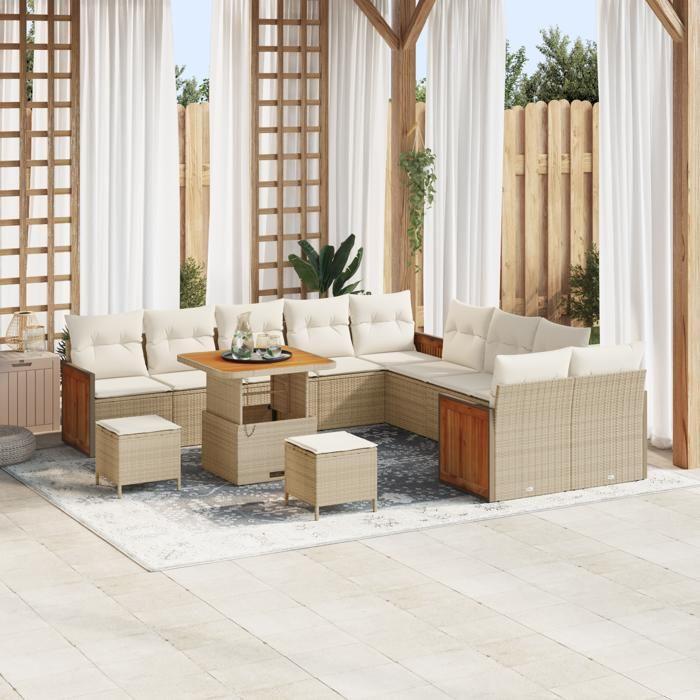 VidaXL Ensemble de canapé de jardin 13 pièces avec coussins en poly rattan beige et acacia 3363361