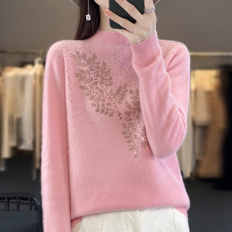 Rhinestone Wool Sweater for Women, Autumn/Winter Collection: Half-High Neck, Knitted, Long & Loose Fit.