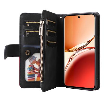 Para Oppo Reno12 F 5G Funda de Cuero con Correa Cremallera 9 Ranuras para Tarjetas Cubierta de Teléfono Soporte