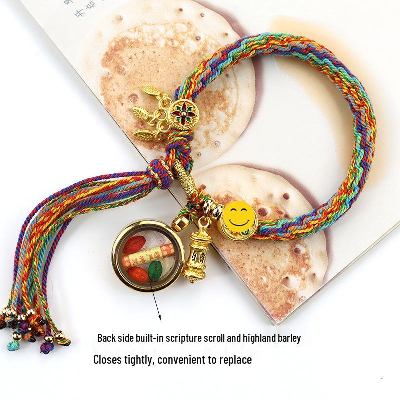 Woven Zhakiram Five Wealth Gods Eye Bracelet with Green Tara and Manjushri Thangka Design