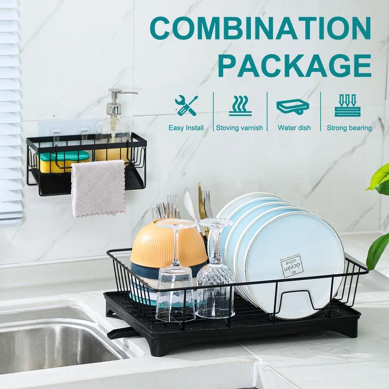 2-Piece Dish Drying Rack Set with Sink Caddy Multi-Purpose Kitchen Storage Organizer for Countertop Space Saving Rustproof
