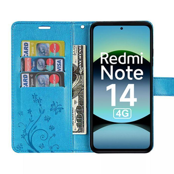 Coque pour Xiaomi Redmi Note 14 4G (pas pour 5G) Protection Rabat Antichoc Synthécuir Bleu Motif Papillon Fleur