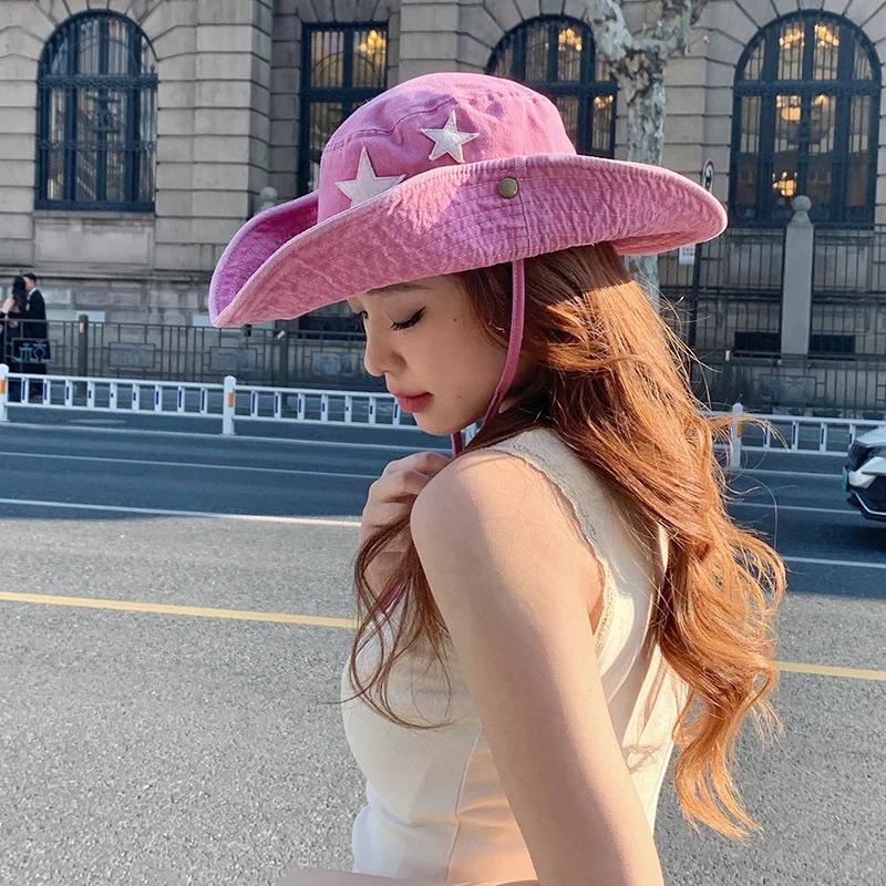 Pink Washed Denim Bucket Hats Women Girl Summer Shade Wide Brim Boonie Hat White Stars Patch Foldable Western Cowboy Camping Cap