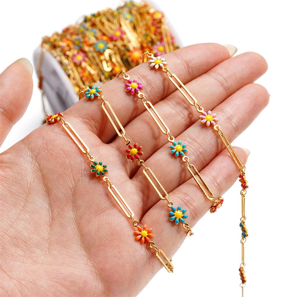 1Meter Copper Chain Enamel Daisy Flower Beaded Charm Paper Clip Chains for DIY Handmade Jewelry Making Necklace Bracelet