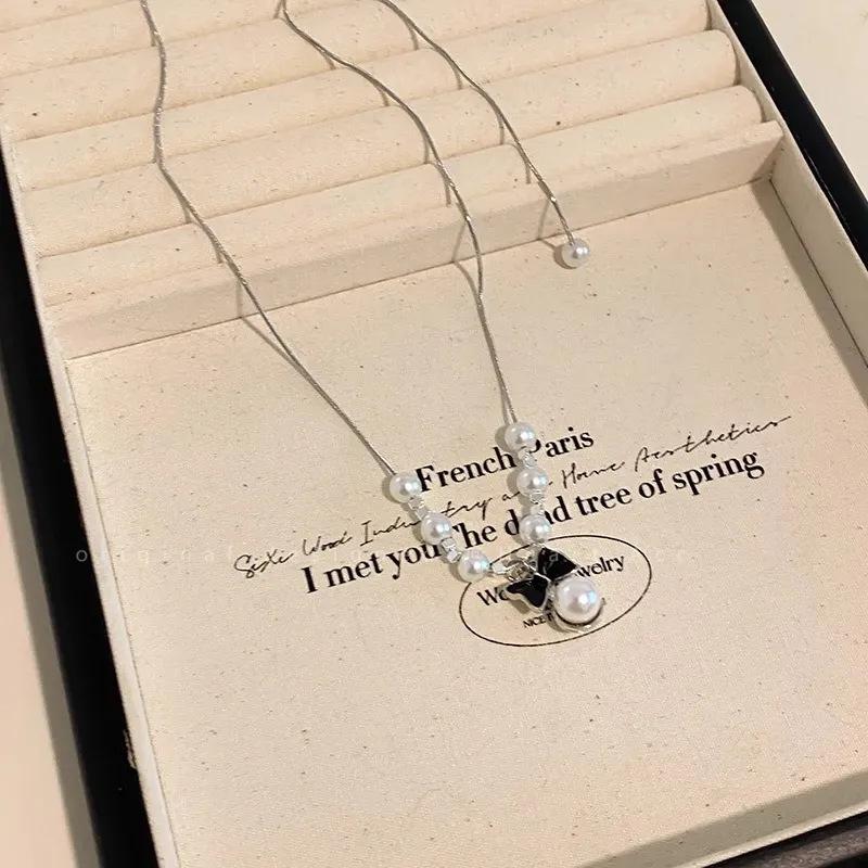 "True Love is Flawless" Bow Pendant Pearl Necklace Women's New High-end Light Luxury Clavicle Chain