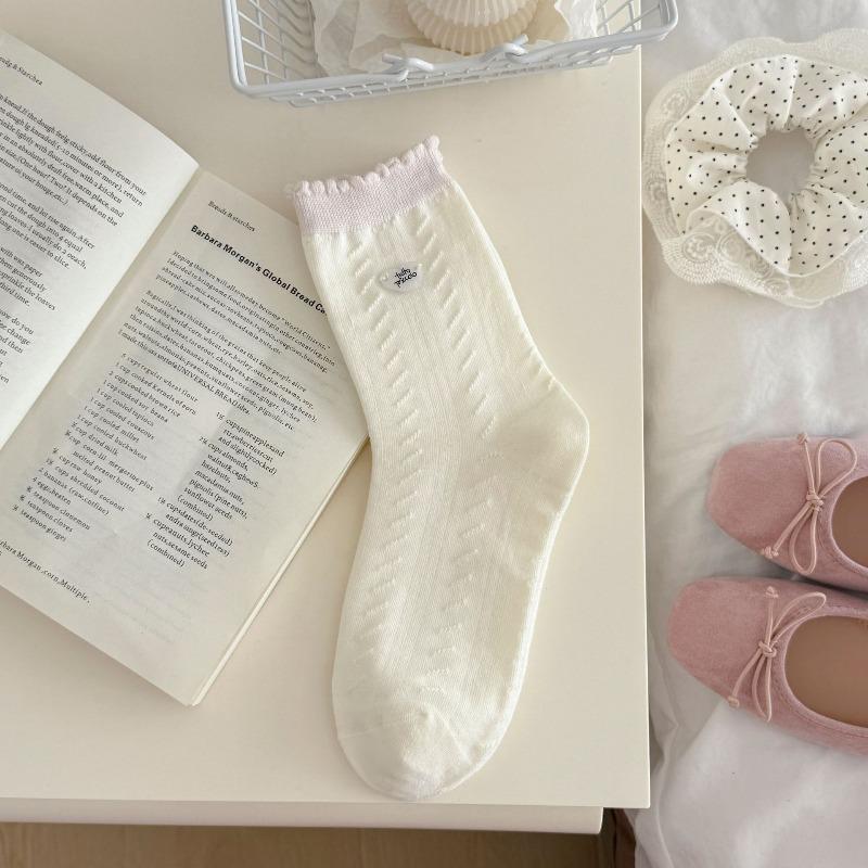 Pink Floral-patterned Socks - Spring and Summer Pile Socks, Simple Lace-edged Bow Tie Ankle-length Socks