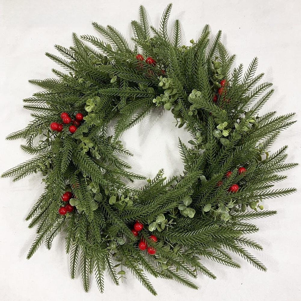 Artificial Norfolk Pine Christmas Wreath with Red Berries Heart Shape Greenery Holiday Decoration 45cm Lightweight