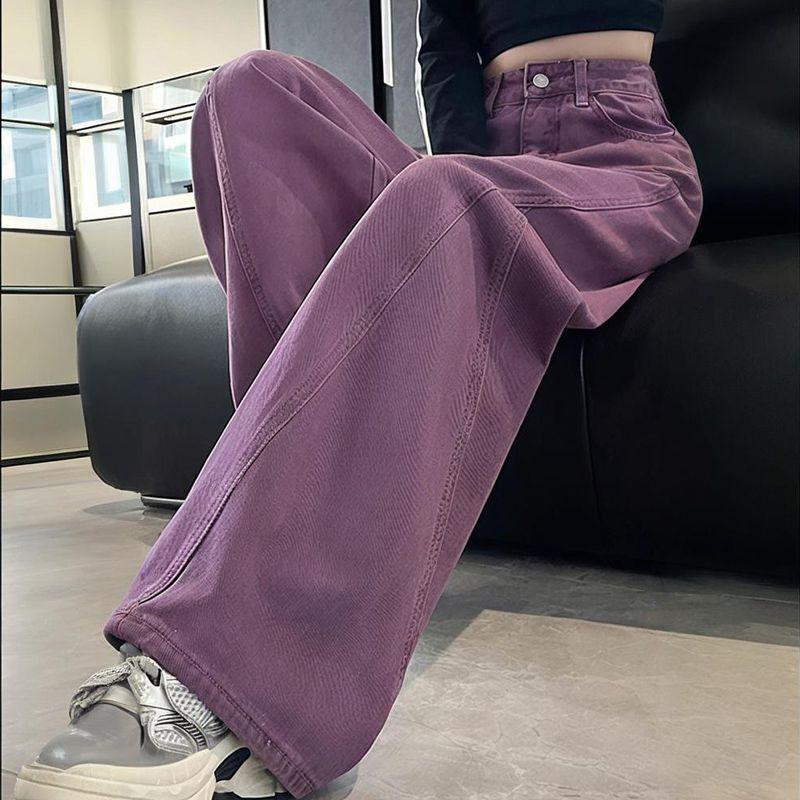 

Chic Anti-Aging Purple High-Waisted Korean Wide-Leg Jeans with Yellow Duck Print for Women - Winter Casual Style S