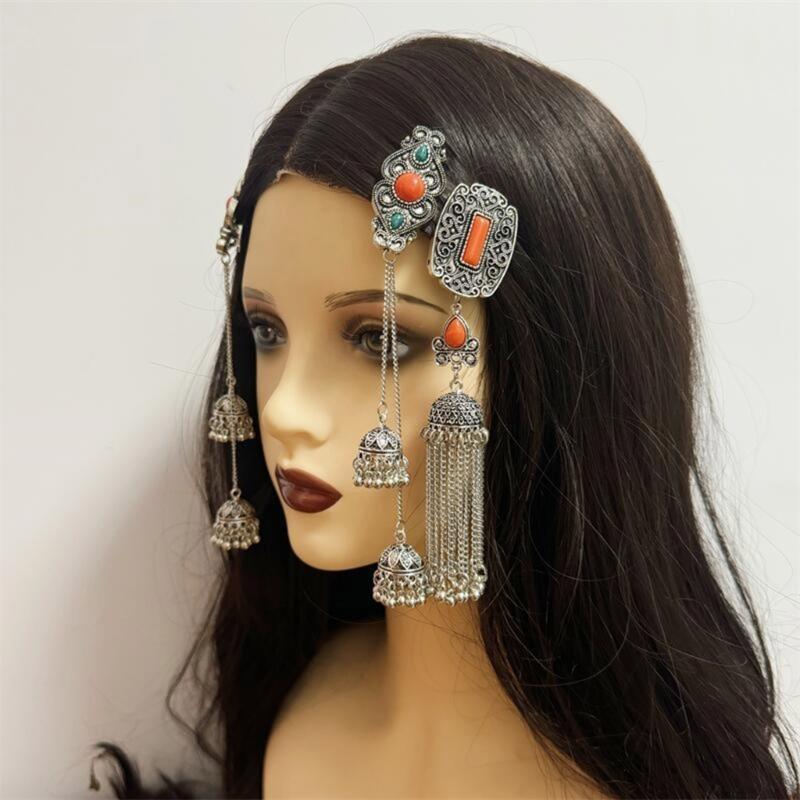 Handmade Mongolian Styles Alloy Tassels Hair Clip Ornament with Vintage Rhinestones Designs for Women Seek Unique Charm
