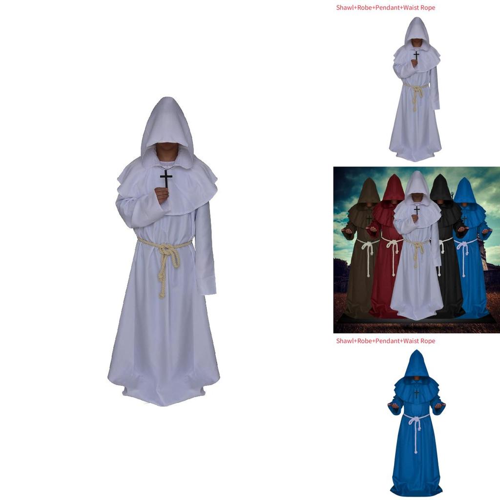 Costume da Monaco Medievale Mago Sacerdote Toga Sciarpa Set Per Appassionati di Cosplay di Halloween