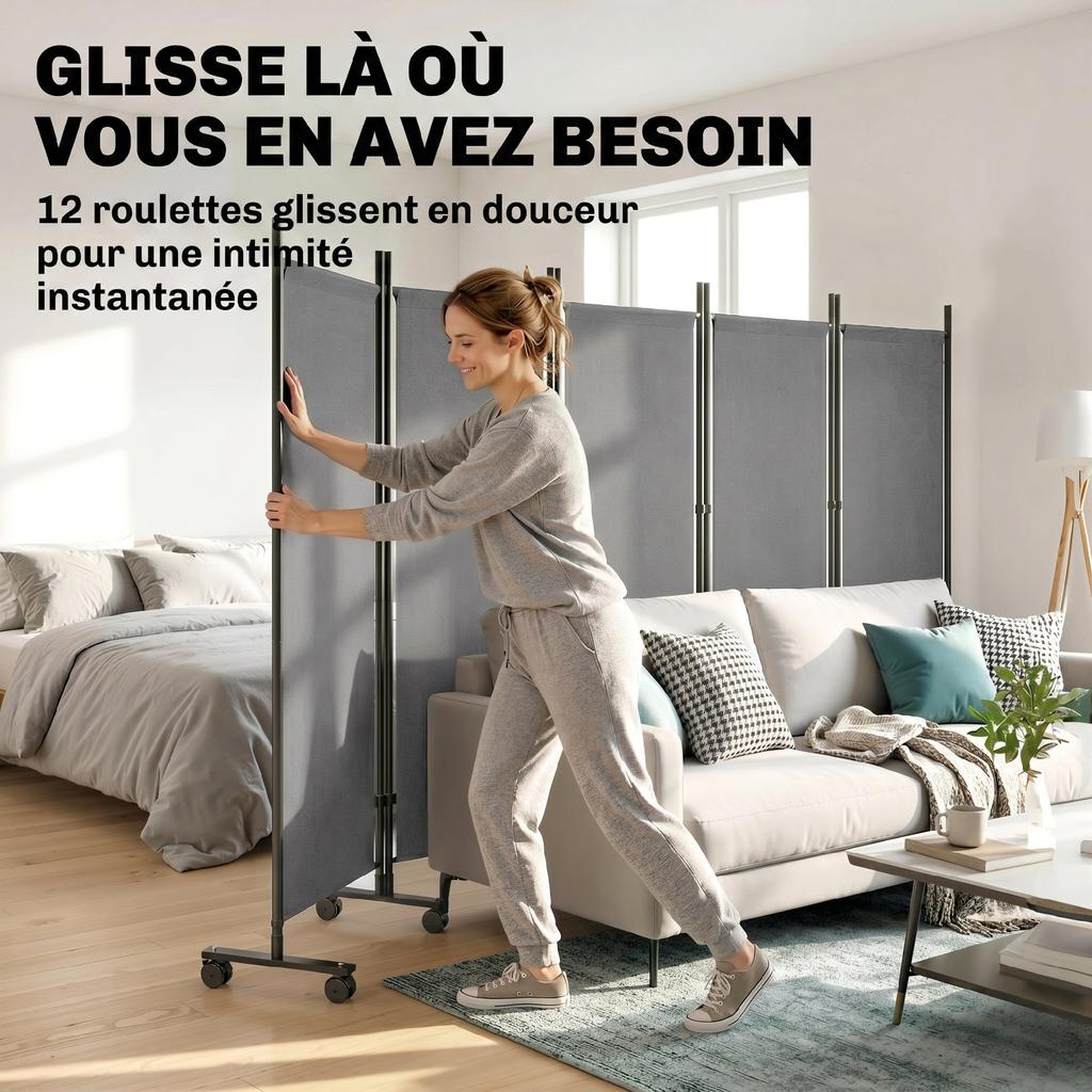 Folding Room Divider, 5-Panel, 12 Casters, 252 X 170 Cm, Steel and Polyester, Dark Grey