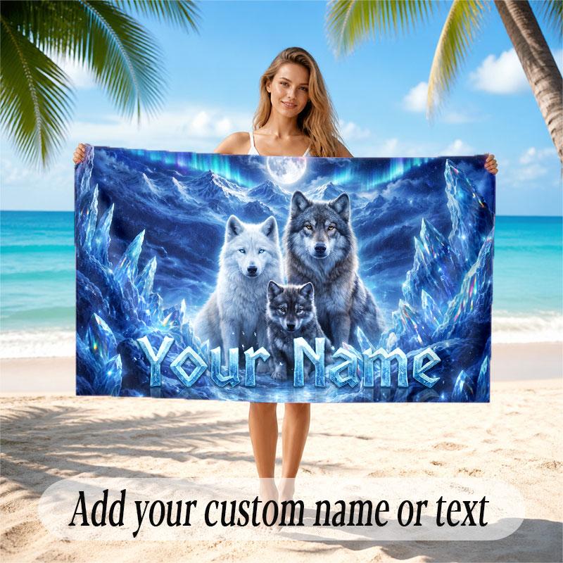 Wolf Theme Beach Towel Personalized Custom Name & Text Soft Quick Dry Beach Towel for Swimming Travel