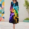 Women Plus Size V Neck Long Sleeve Colorful Printed Pockets A Line Midi Dress