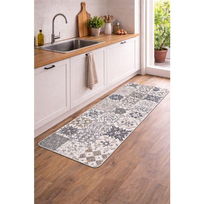 Tapis de cuisine décoratif - EDEN - Motif carreaux ciment - 45 x 120 cm - Gris - Mousse PVC antidérapante