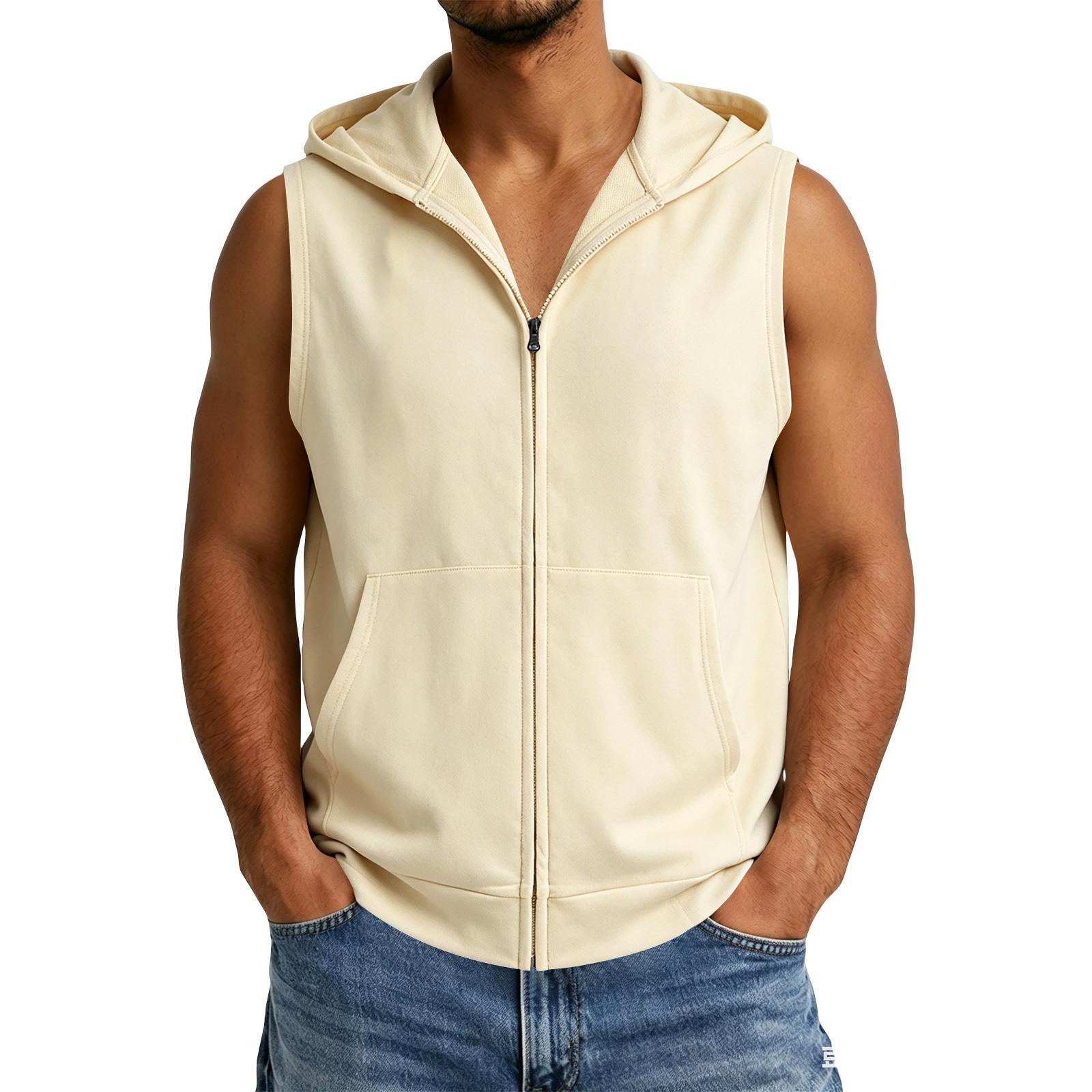 Men s Sleeveless Zip Up Hooded Vest Casual Sports Hooded Tank L бежевый