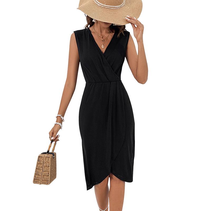 2025 New Elegant Fashion Party Slim Black Sleeveless V-Neck Slit Dress