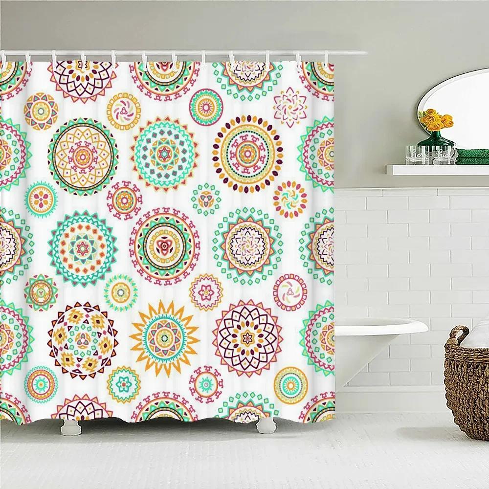 Bohemian 3D Shower Curtain, Indian Mandala Flower Green Blue Chic Color Modern Pattern Bathroom Fabric Home Decor Shower Curtain
