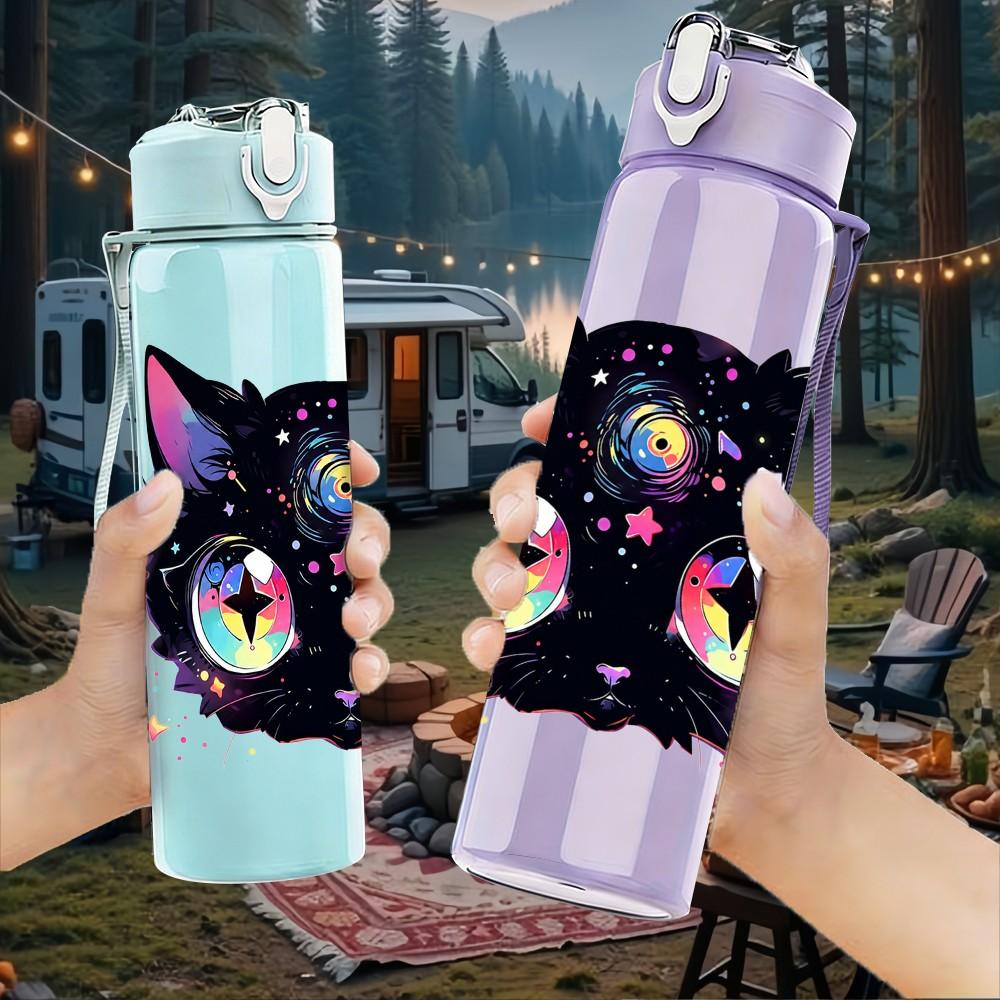 1PC Big Eyed Black Mystic Cat 750ml Color Plastic Sports Water Bottle Leakproof Flip Straw Lid Suitable for Sports Office Home Use