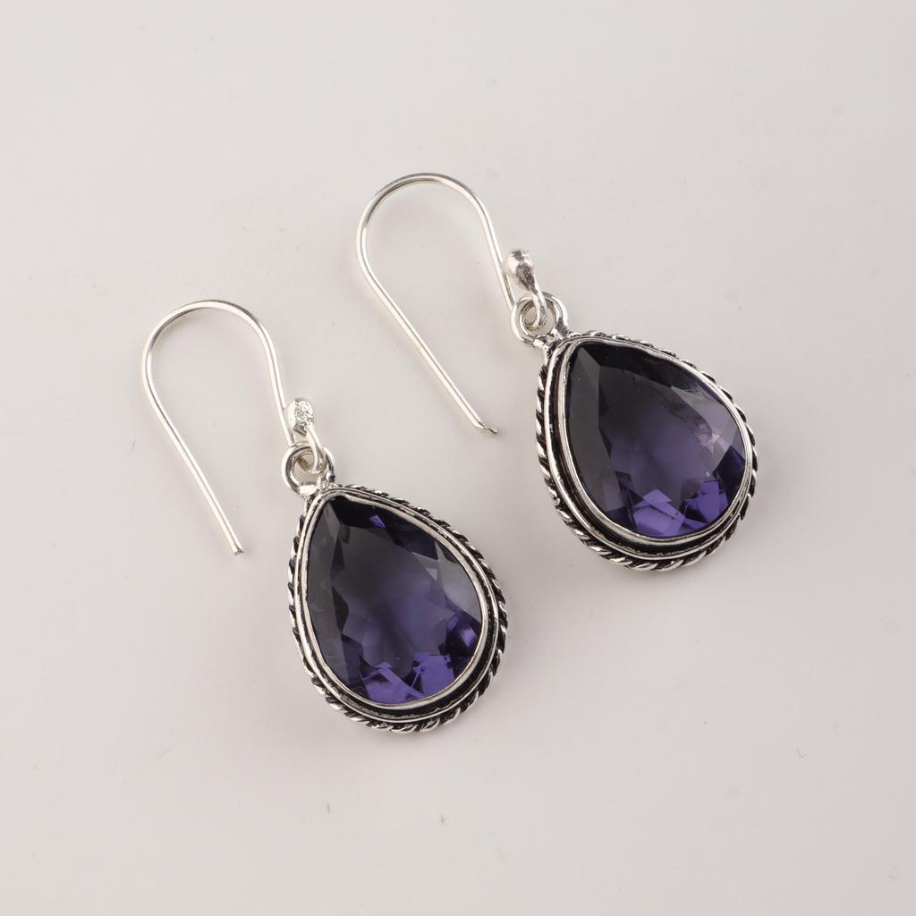 Iolite Gemstone 925 Sterling Silver Handmade Bezel Set Earrings 1.5" Partywear Earrings Jewelry AEE-2-9