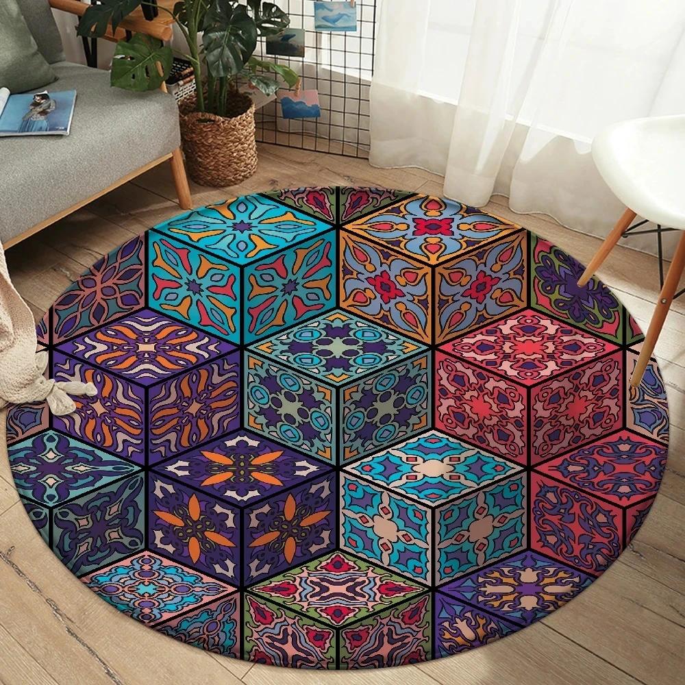 Alfombra Redonda Mandala Boho Alfombra de Área con Estampado Floral Colorido Para Sala de Estar Dormitorio Silla Felpudo Antideslizante para Suelo Hogar Cocina Felpudo de Puerta