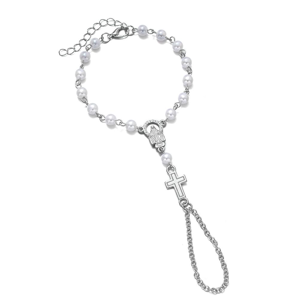 Women's Cross Finger Bracelet, Religious Style Beaded Back Hand Chain, Dark Style Niche Accessory