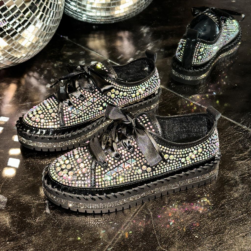 Fashion Aphixta Flat With Women Loafers Bling Crystal Flats Lace Up Design Casual Shoes Silver 3cm Heels Luxury Size 44 Ladies Shoes